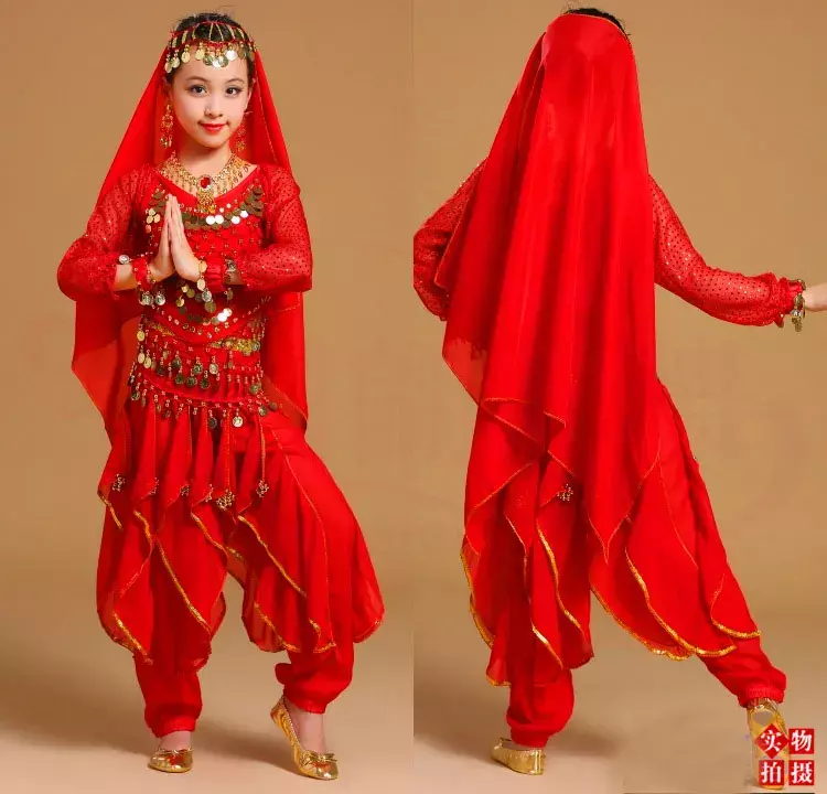 Conjunto de traje de danza del vientre para niña, traje de manga larga para actuación, danza india, danza del vientre, disfraces de danza egipcia