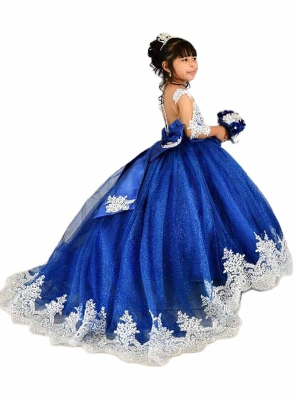 Shiny Tulle Lace Applique Flower Girl Dress Exquisite Party Kids Birthday Bow Princess FLoor Length Dresses