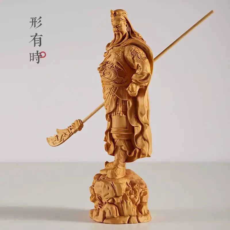 Madera de boj tallada en madera, mango de Guan Gong, pieza de decoración de estatua de Yibo Yuntian Guan Yu, madera maciza tallada, riqueza y seguridad