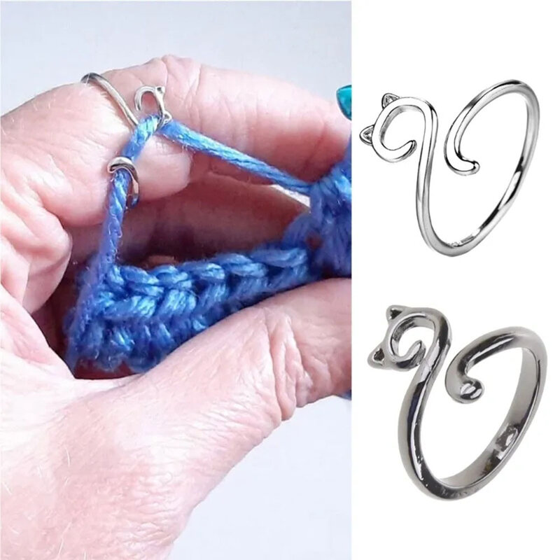Adjustable Size Yarn Ring Cat Ears Crochet Ring Beginner Knitting Crocheting Loop Thread Wrapped Rings Tension Regulator Tool