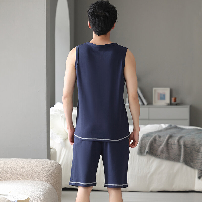 Big Size M-4XL Leisure Vest Nightwear Men Pajama Set Summer 100% Cotton Sleeveless Sleepwear Men Pijamas