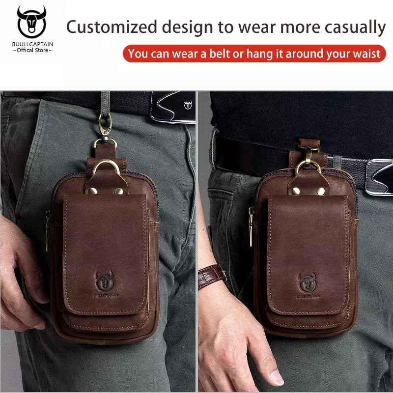 BULLCAPTAIN Men's Genuine Leather Waist Bag Retro Casual 6.7-Inch Mobile Phone Bag Multifunctional Double Layer Waist Bag