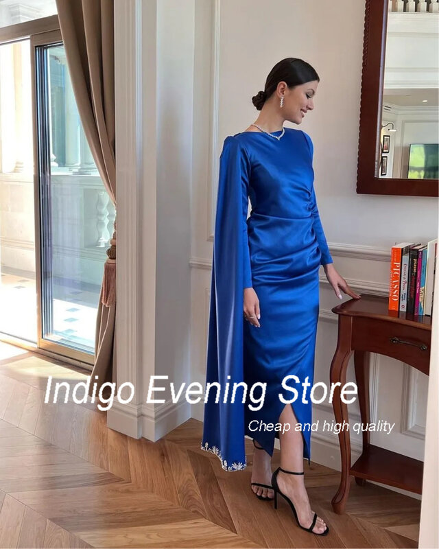 Атласные вечерние платья цвета индиго с круглым вырезом и аппликацией длиной до щиколотки, официальное праздничное платье для женщин, 2024