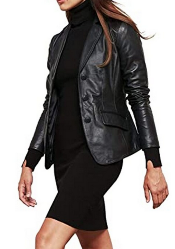 Chaqueta de cuero para mujer, abrigo de piel de cordero auténtica para motociclista, color negro, novedad