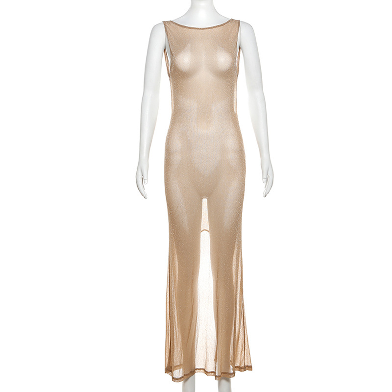 Женское блестящее платье с открытой спиной, Элегантное Длинное Платье для отпуска, привлекательное облегающее прозрачное пляжное платье без рукавов с разрезом, лето 2024
