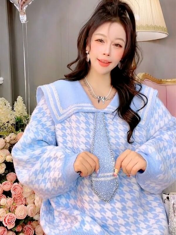 Sweter rajut Korea tebal ukuran besar, atasan rajut industri berat berlian, ukuran besar longgar musim gugur/musim dingin untuk wanita 2023