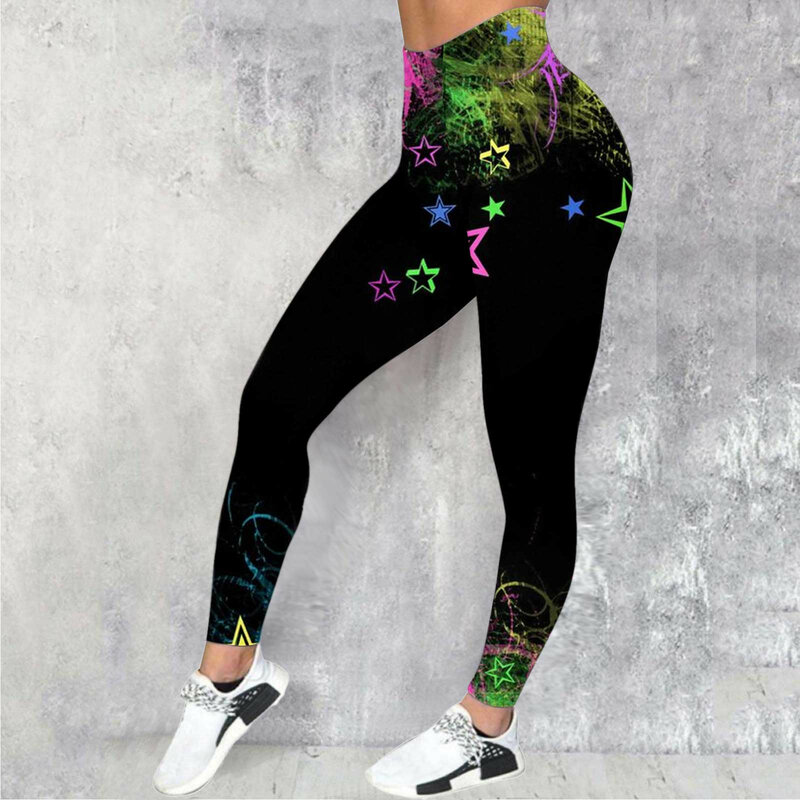 Women Casual Sports Yoga Pants Colorful Printed Fashion Leggings Workout Leggings for Women High Waist Half Half Pants