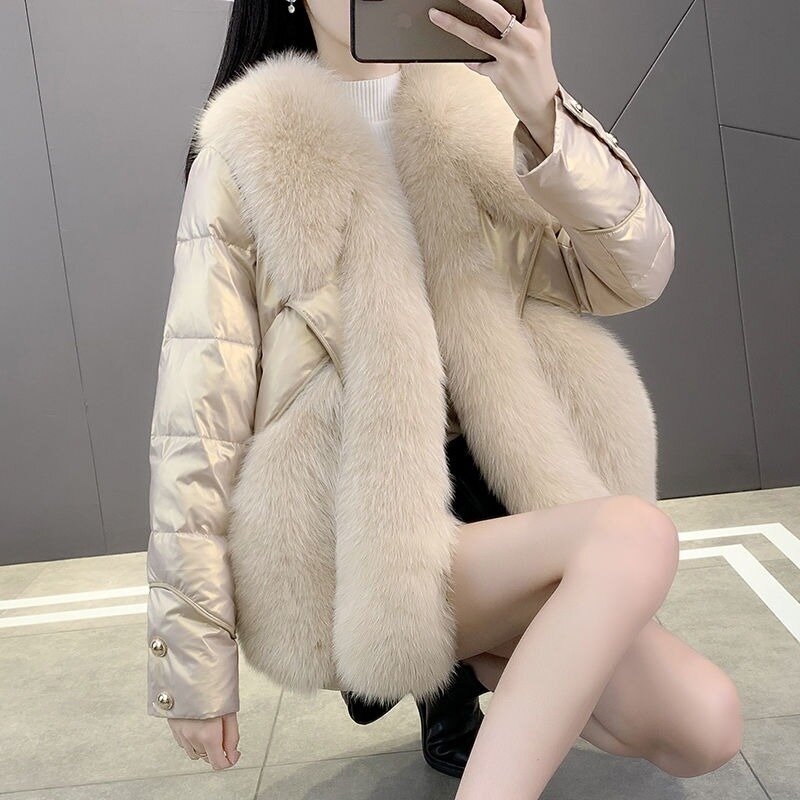2023 Winter New Faux Fur Coat Women Short Imitation Fox Fur Collar Down Cotton Jacket Female Fashion Casual Solid Color Outwear