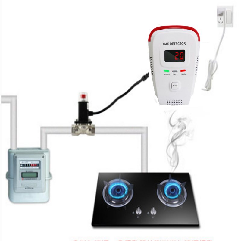 Display digital Detector de vazamento de gás natural Metano GLP, Home Leakage Tester com válvula solenóide DN15, Corte automático do sistema de segurança