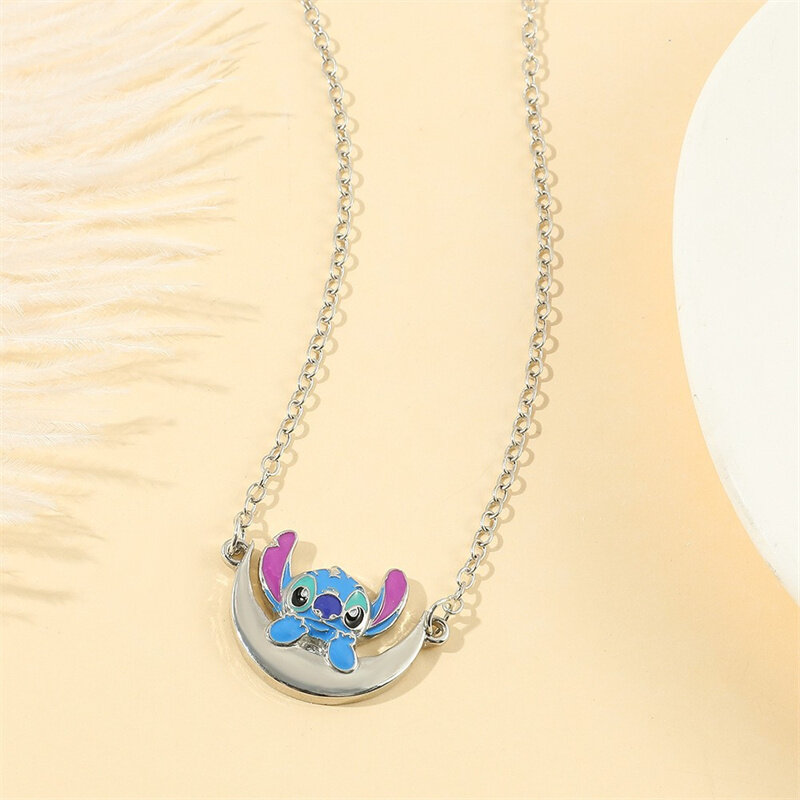 Disney Anime Lilo & Stitch Necklace Kawaii Stitch Necklace Cartoon Moon Heart Shape Pendant Accessories Girl Toy Gifts