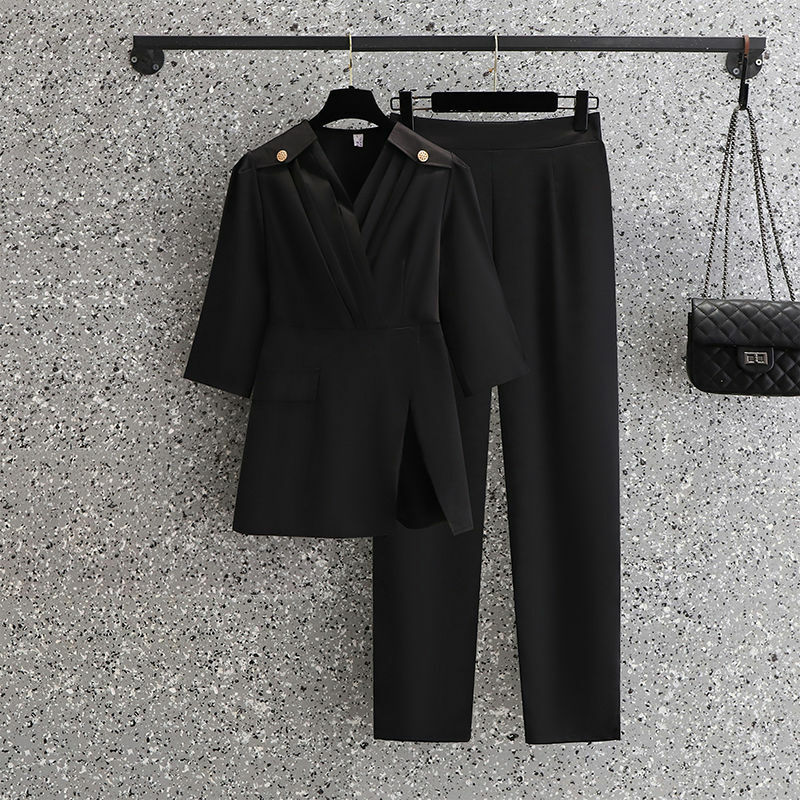 Camisa de gasa plisada con cuello en V Irregular para mujer, pantalones de lápiz, Conjunto elegante de dos piezas, ropa de oficina, Verano