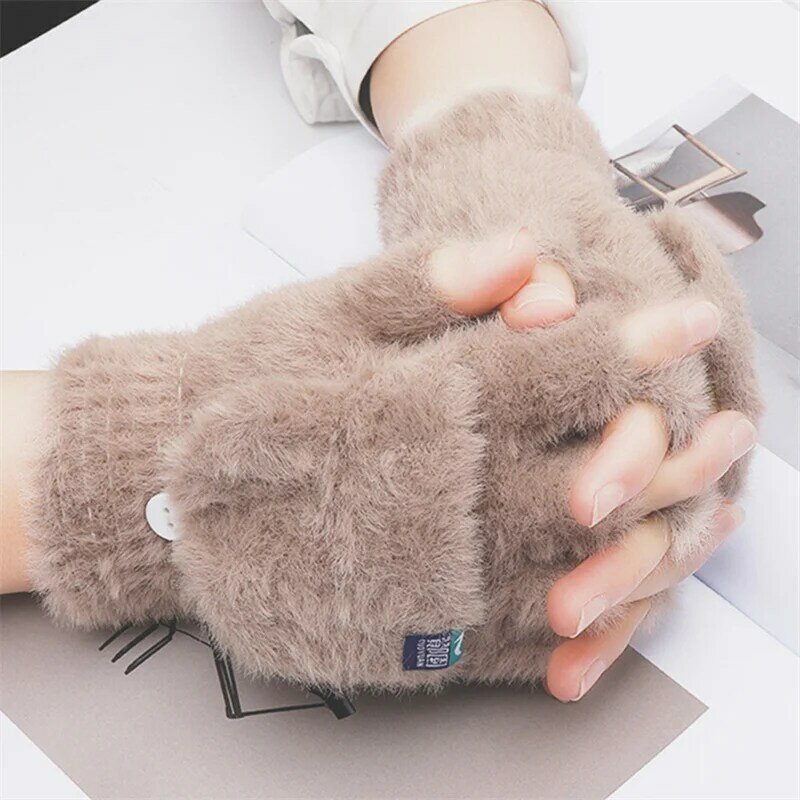 Manoplas cálidas de piel de conejo para mujer, guantes de felpa con tapa, sin dedos, guantes de trabajo gruesos, medio dedo, Invierno