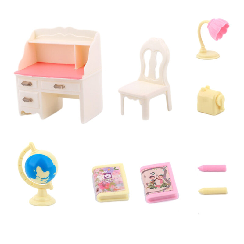 1Set 1:12 Dollhouse Miniatuurstudietafel Desk Lamp stoel BOBE Globe Pen Model Meubels Decor Toy Doll House Accessoires