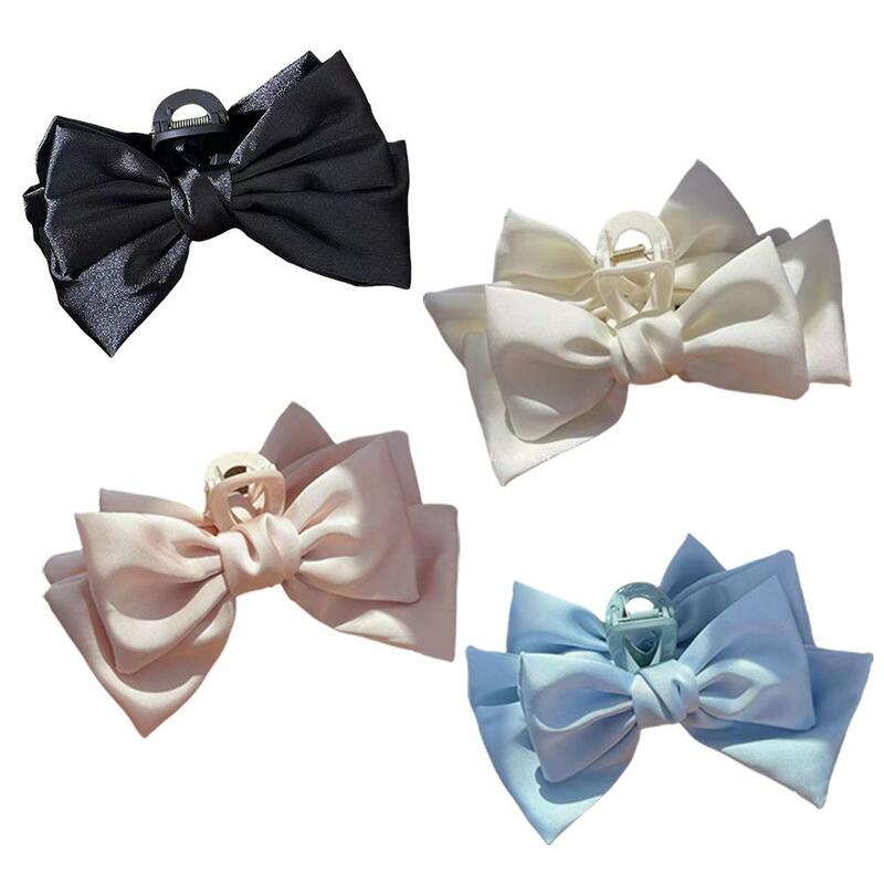 Women Bow Hair Claw Clips Elegant Double-sided Large Satin Shark Hair Claw Solid Bowknot Hairpins Barrettes Hair Accessories