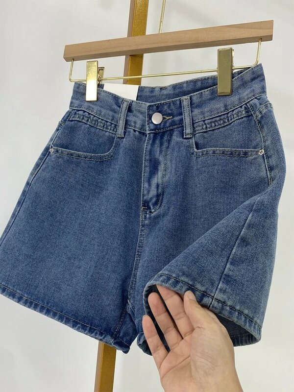 Pantalones cortos de cintura alta para mujer, ropa de calle informal, Vintage, holgado, azul, estilo coreano, Harajuku, 90s, Verano