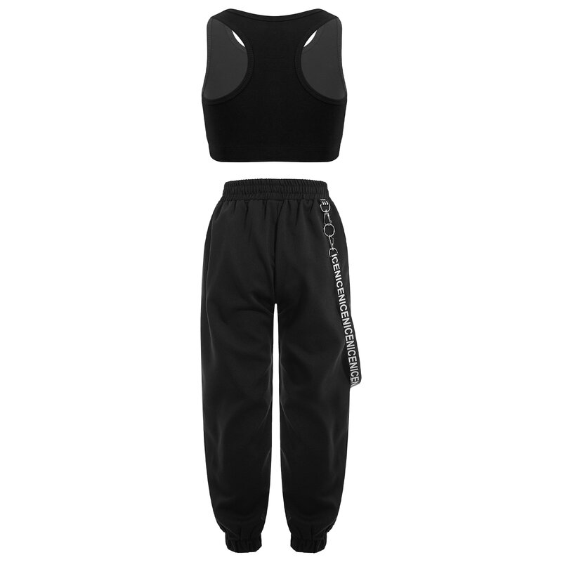 Kids Girls Jazz Dance Performance Clothes Sleeveless Racer Back Crop Top with Sweatpants Hiphop Street Dance Outfits Sportswear