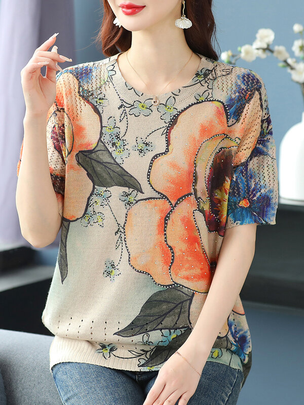 Floral Print Hollow Knitted T Shirt Women 2024 Summer Clothes For Women Pullovers Tees Top Y2K Loose Women's T-shirt