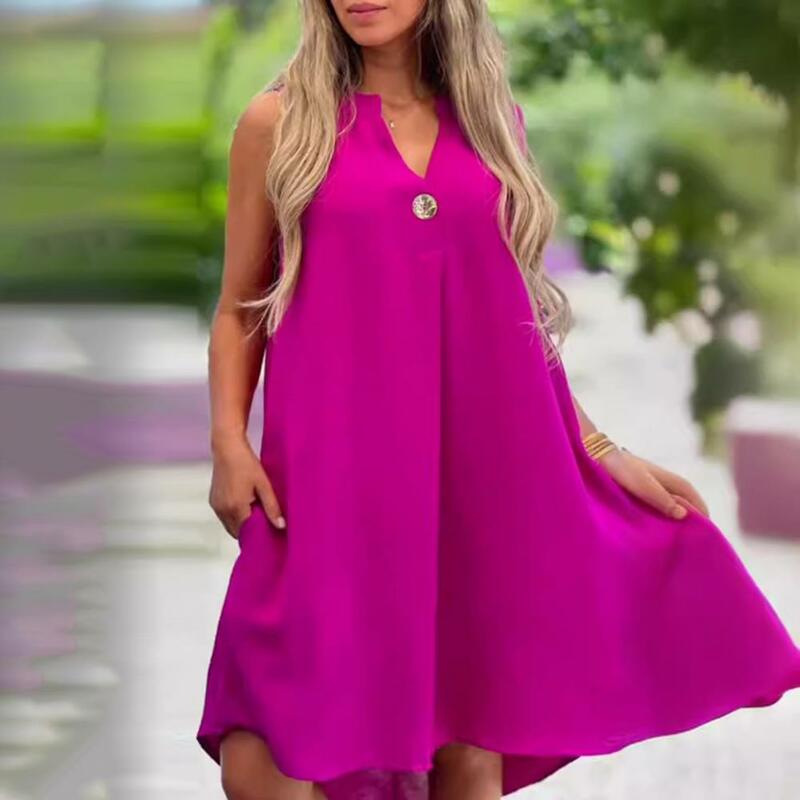 Summer Women's Dress A-Line Swing V-Neck Sleeveless Solid Color Loose Button Decoration Date Vacation Dress
