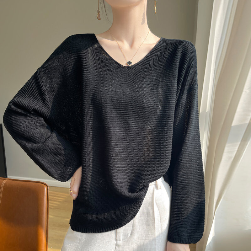 2024 Damen Leinen aushöhlen Bluse Sommer neue V-Ausschnitt gestrickt Sonnenschutz dünne atmungsaktive Langarm Mode Pullover T-Shirts