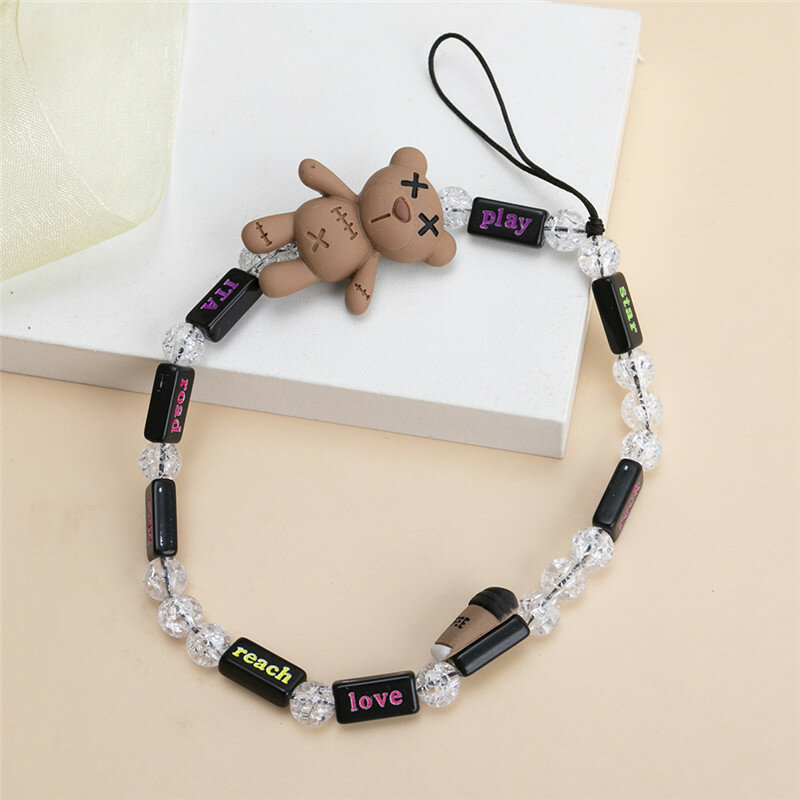 Cadena de teléfono móvil colorida con cuentas de oso, cuentas de corazón, cordón de decoración, pulsera, accesorios de joyería