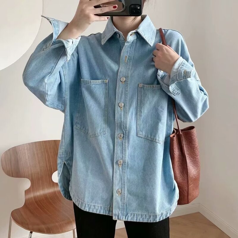 Women's new fashionable large pocket decoration loose casual denim shirt retro long sleeved button up women's shirt chic top