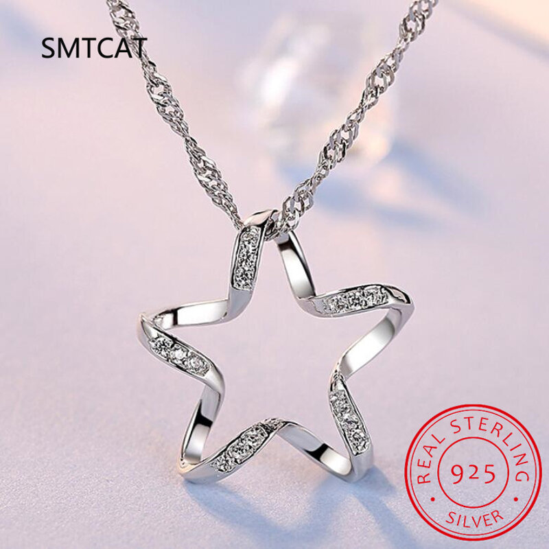 Real 925 Sterling Silver Zircon Hollow Star Choker Necklace for Women Cute Fine Jewelry Minimalist Accessories