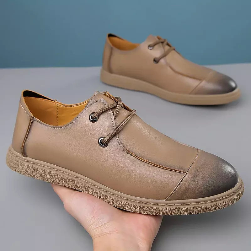 Туфли мужские кожаные в британском стиле, мягкие лоферы на плоской подошве, без застежки, ретро, Прошитые вручную, для улицы, прогулок, формальная обувь, весна-осень