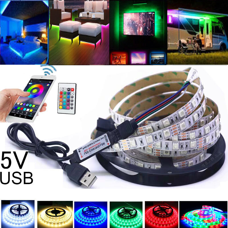 Tira de luces LED de 5V con USB, cinta de 5M, 1 metro, blanco cálido, frío, verde, azul, rojo, SMD, 3528, no impermeable