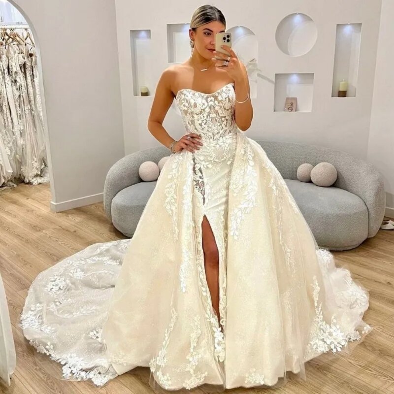 Gaun pernikahan cantik untuk wanita tanpa tali tanpa lengan putri duyung manik-manik mewah 2024 Vestidos De Noiva applique kereta lepas pasang