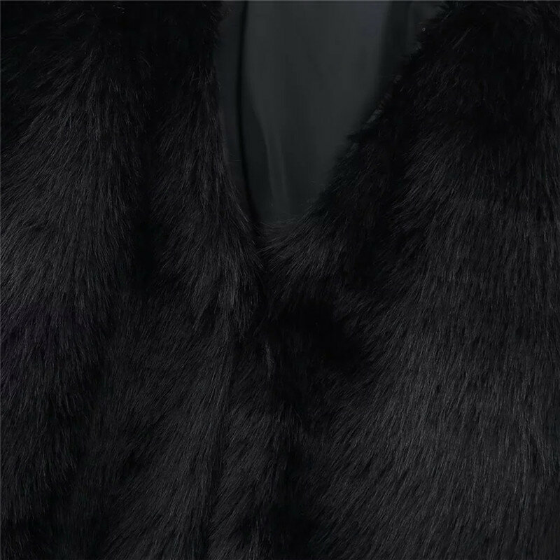 TRAF mantel bulu palsu wanita, mantel musim dingin lengan panjang kardigan halus hitam mewah untuk wanita