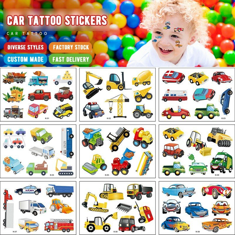 Paquete de 12 pegatinas de tatuaje de coche, juguetes cognitivos de dibujos animados para niños, pegatinas de papel de tatuaje temporal desechables para transporte
