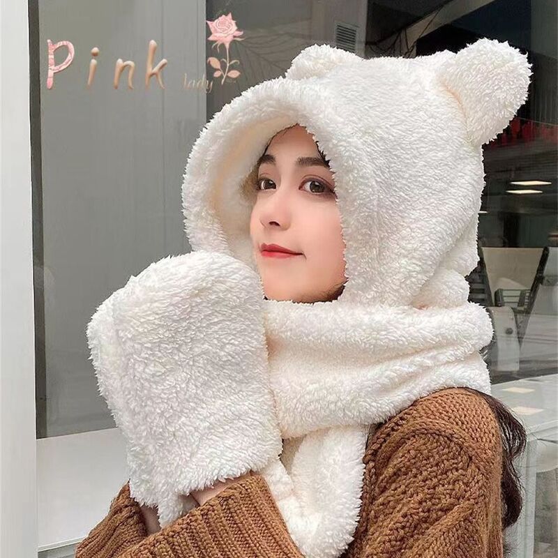 Gorros cálidos con orejas de oso para mujer, conjunto de gorro de felpa informal, bufanda y guantes, moda de invierno