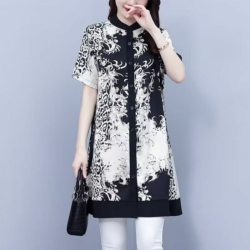 Elegante vestido midi estampado estilo chinês feminino, solto em cetim, gola alta, manga curta, tamanho grande, moda feminina, verão