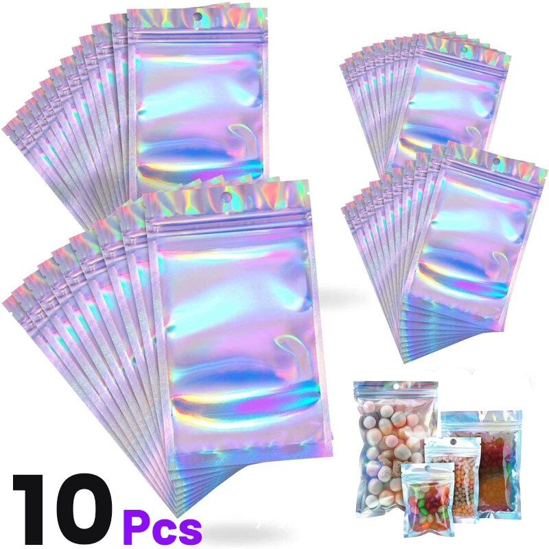 10 Stuks Zelfsluitende Laser Kleine Plastic Zakken Voor Sieraden Zakje Met Doorzichtige Etalage Sieraden Verpakking Cadeau Opbergtas
