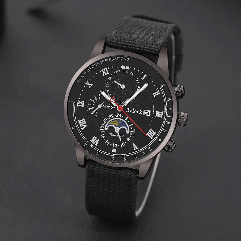Men's Black Nylon Strap Quartz Watch Set, Relógios Calendário, Corda de Mão, Colar, Negócios, Moda Casual, 3 peças
