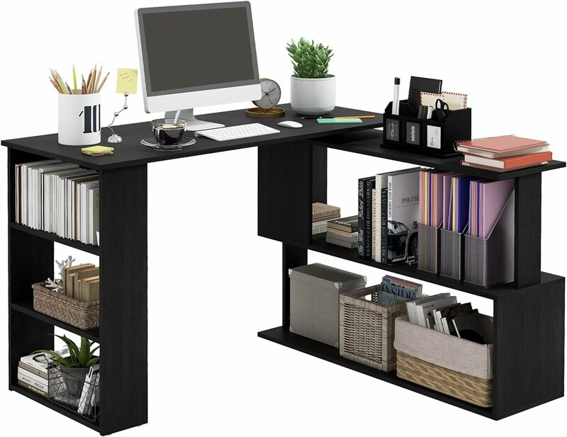 Na narożnik biurka HOMCOM w kształcie L, obracająca się biurko do pracy w domu o 360 stopni z regały magazynowe, stół do pisania stacja robocza, czarna