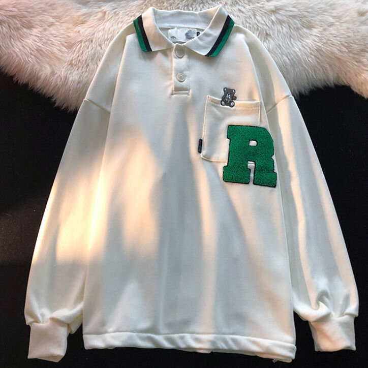 Harajuku-Polo brodé avec poches pour adolescents, sweat-shirt simple et mignon, vêtements décontractés pour étudiants, style japonais, printemps 2022