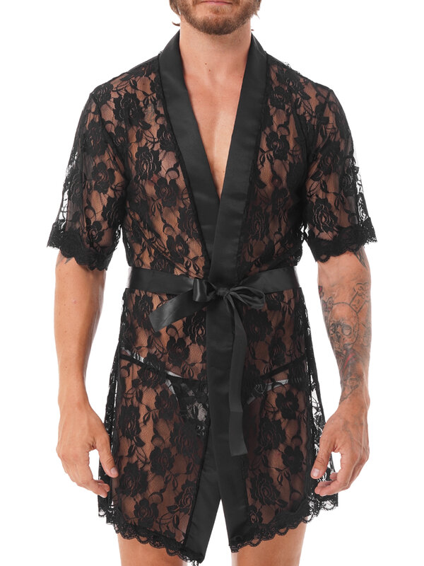 Men Floral Lace Lingerie Party See Through Night-Robe Male Sissy Underwear Cardigan Bathrobe Loungewear Nightwear Sleepwear