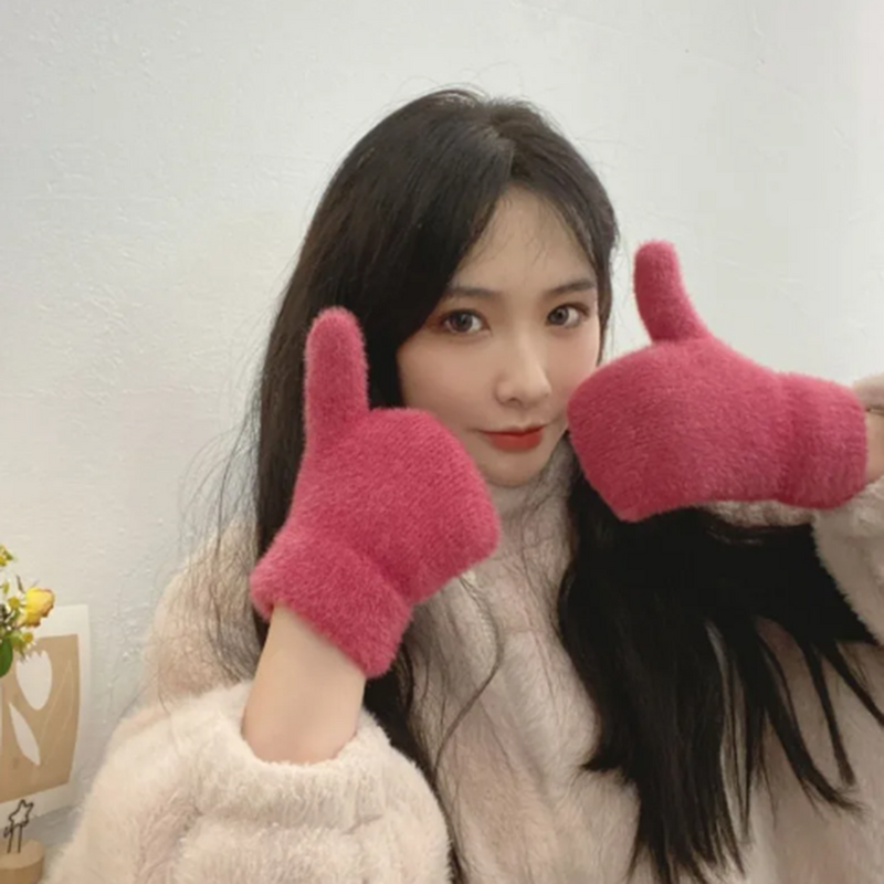 Damska zimowa ciepła dzianinowa pluszowa pełne rękawiczki solidna koreańska wersja damska sztuczne futro (królik) gruba ciepła miękkie rękawice 2023