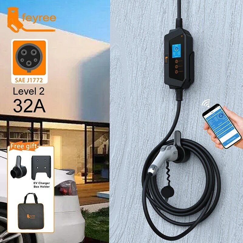 feyree Type1 Portable EV Charger 7KW 32A 1Phase J1772 Socket with 5m Cable Smart APP WIFI Control Version for Electric Vehicle