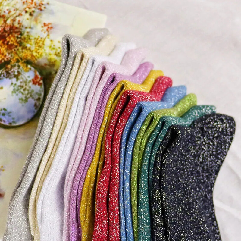 Calcetines coloridos con purpurina de filigrana para mujer, medias sueltas brillantes Harajuku, lencería femenina de moda, calcetines de algodón de seda brillante