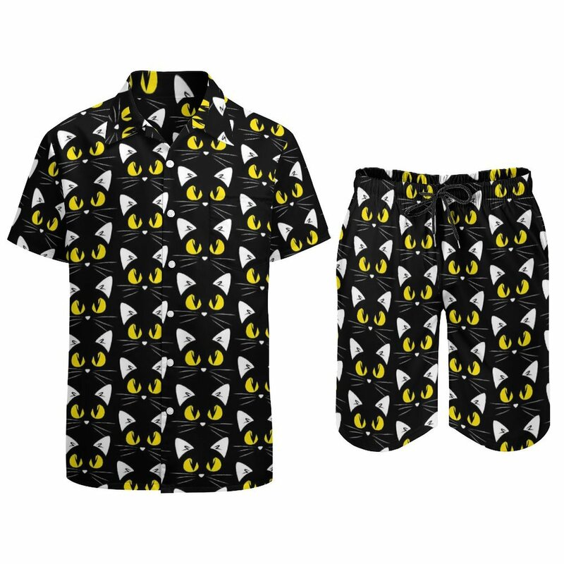 طقم قمصان كاجوال للقطط السوداء للرجال ، شورت شاطئ ، بدلة بتصميم صيفي ، ملابس بمقاسات كبيرة ، أطقم هالوني لطيفة ، عصرية ، 2: