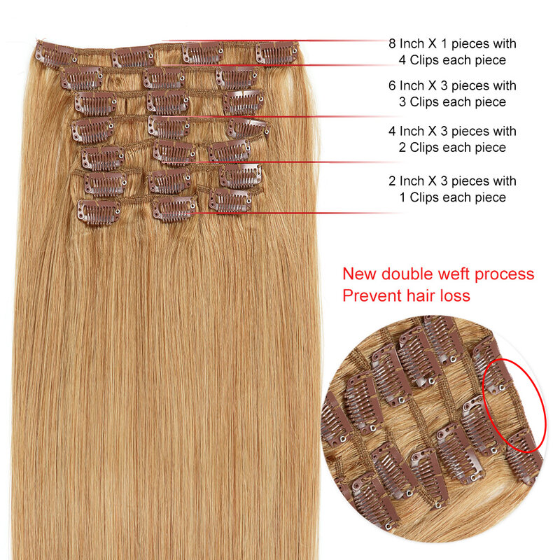 Extensions de cheveux humains à clipser blonds pour femmes, postiche droite, 100% Remy, 24 po, 10 pièces, #27