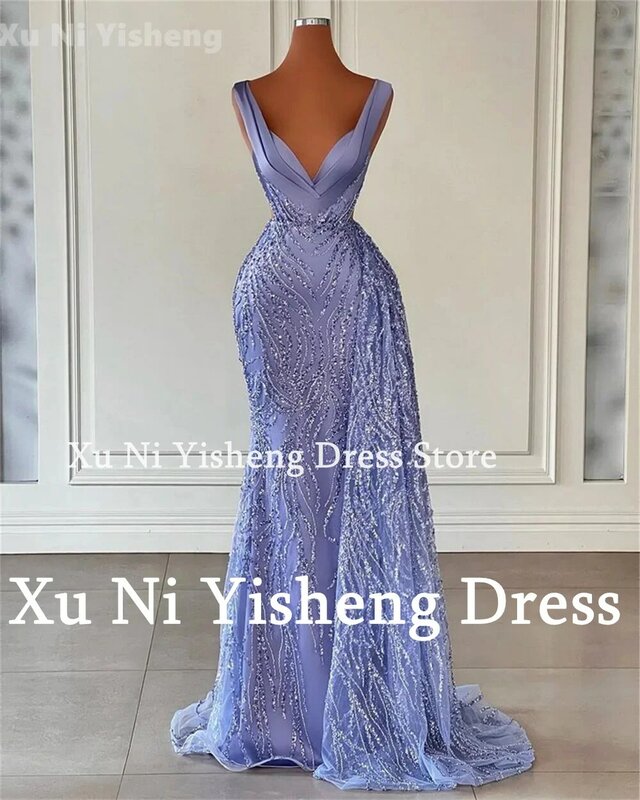 New Arab Luxury Evening Dress V-Neck Sleeveless Purple Satin Pleats Prom Dress Slim Mermaid Formal Dress Wedding Party Dress
