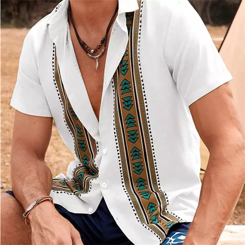 남성용 민족 부족 트렌디 요소 캐주얼 야외 하와이안 단추 셔츠, 부드럽고 편안한 소재, 2023 여름