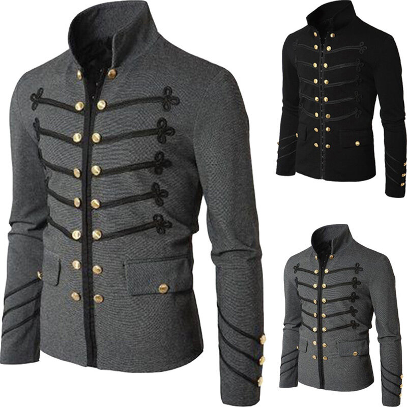 Jaket kardigan Steampunk pria, jaket kardigan gaya Rock Gotik, pakaian luar musim gugur, mantel atasan bordir, kancing, warna Solid