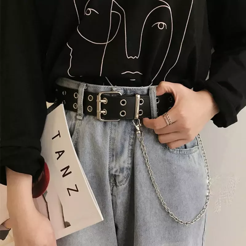 Fashion Harajuku Belt Adjustable Double/Single New Women Punk Alloy Chain Row Hole Eyelet Waistband Retro Decorative Waist Belts