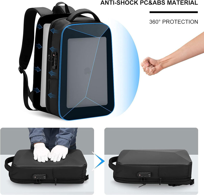 Expansível Mochila Laptop Shell Duro, Carregamento USB, Saco De Viagem De Negócios, Impermeável, Anti-Roubo, TSA, 15,6"