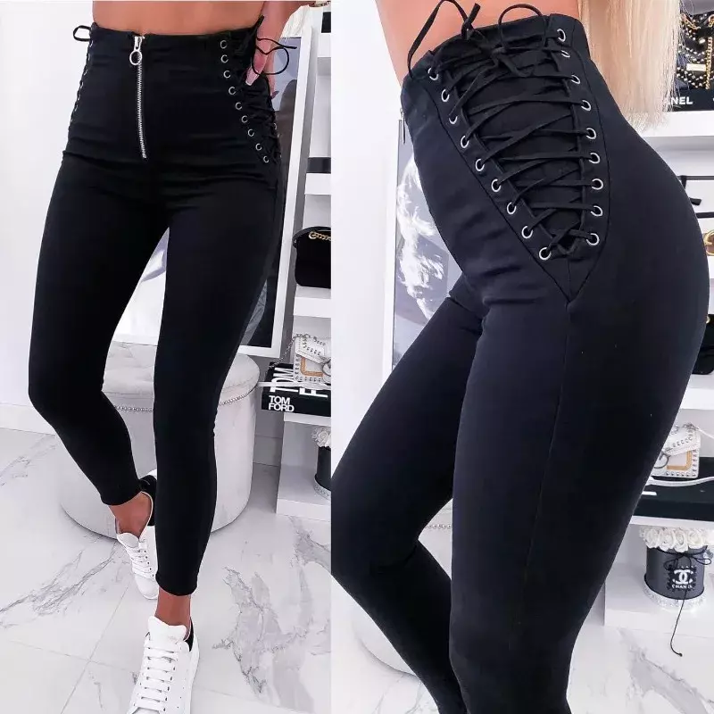 Pantalones ajustados de cintura alta para mujer, pantalón de tubo de cuerda perforada, alta elasticidad, color negro, novedad de 2023