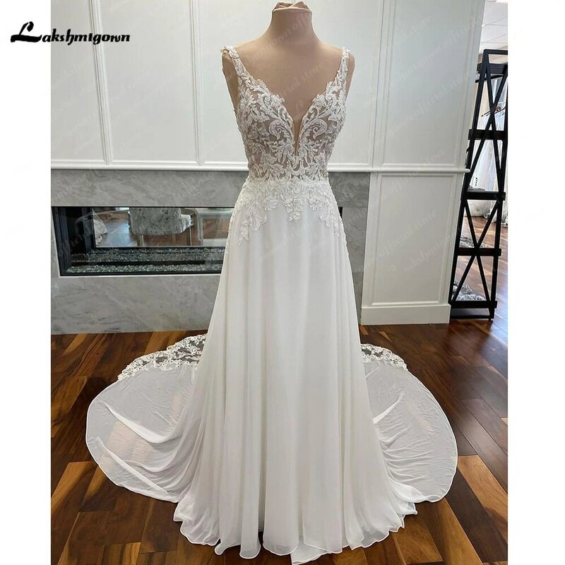 Шифоновые Свадебные платья с открытой спиной, роскошные элегантные винтажные Длинные свадебные платья в стиле бохо с кружевной аппликацией и V-образным вырезом для невесты